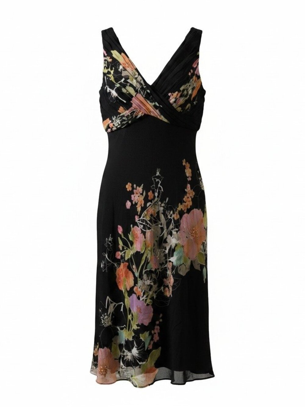 Adrianna Papell 100% Silk Floral Midi Dress Size 10 Black Sleeveless Wedding